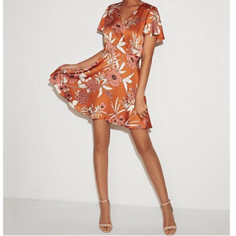 Express floral satin fit & flare midi dress